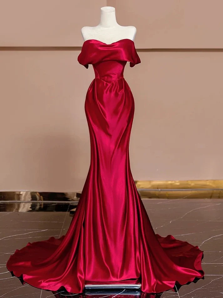 Classy Off The Shoulder Red Mermaid Long Prom Dress Formal Evening Dress cc2298