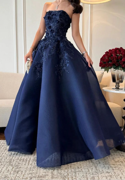 Gorgeous Navy Blue Strapless Appliques Evening Dress Birthday Ball Gown cc2735