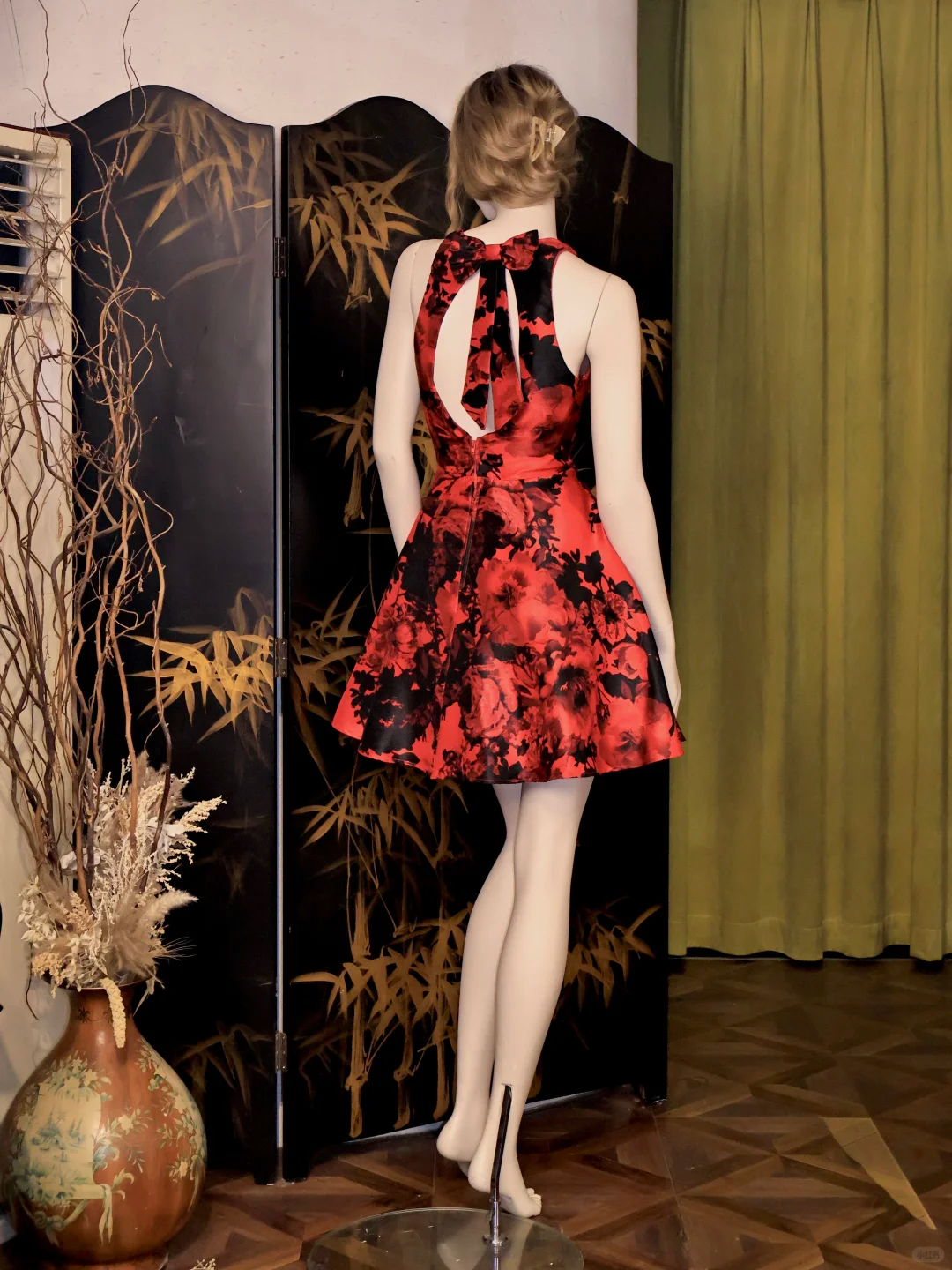 Vintage V Neck Red Satin Print Floral A Line Birthday Party Dress Bow Backless Formal Homecoming Dress cc3329