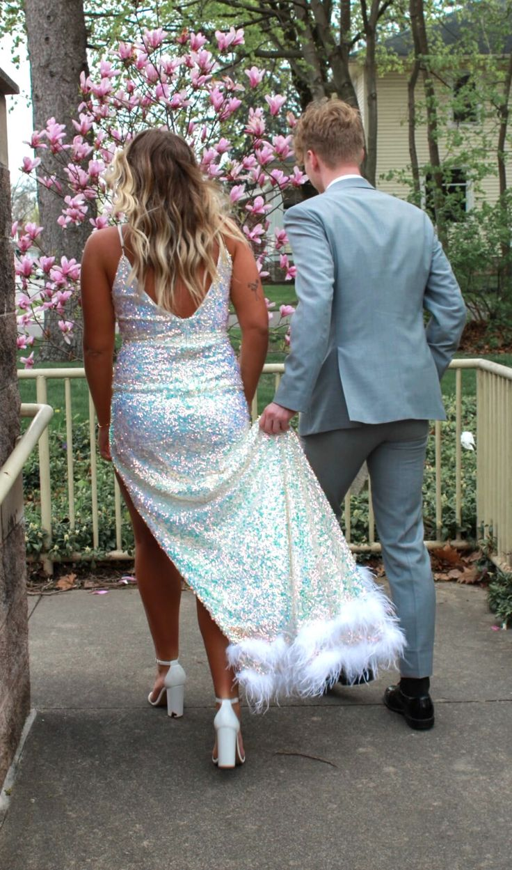 Glitter White Sequins Prom Dress With Hem Feathers cc807