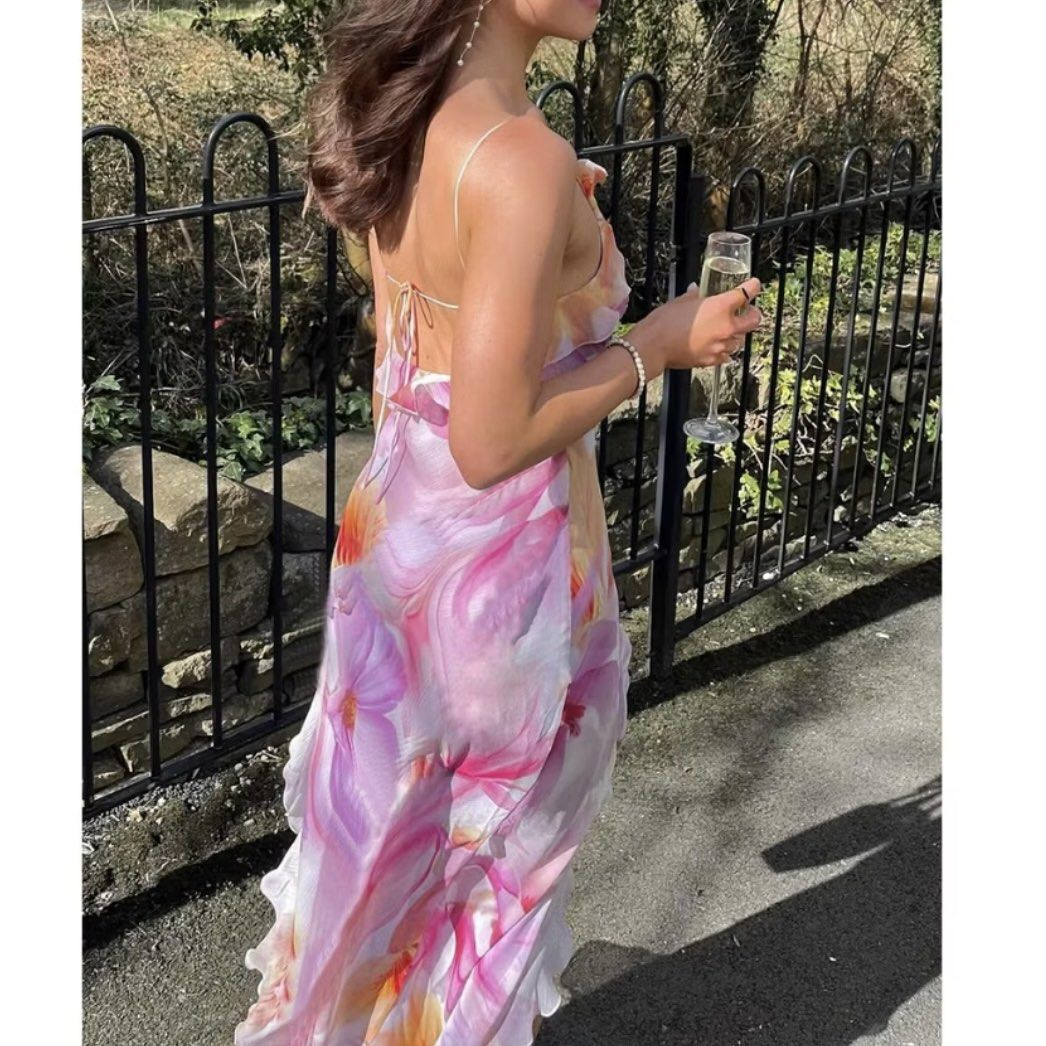 Beautiful Chiffon Print Floral Ruffles Evening Dress,Slit Long Prom Party Gown cc2543