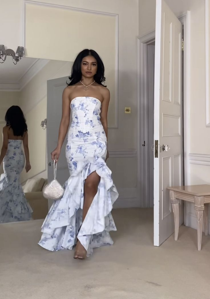 Chic Satin Print Floral Mermaid Prom Dress Strapless Slit Ruffles Evening Dress Party Gown cc2425