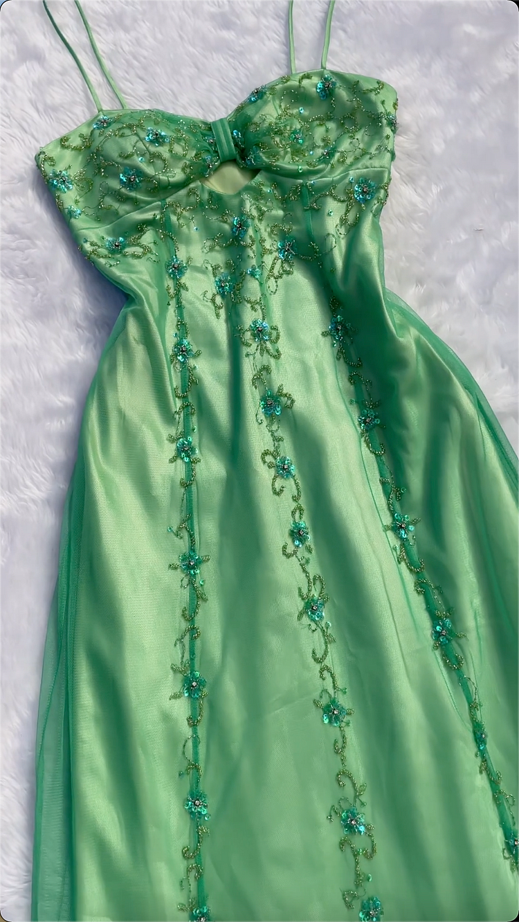 Pretty Green Satin Tulle Sequins Beaded Prom Dress,A Line Long Evening Dress cc2763