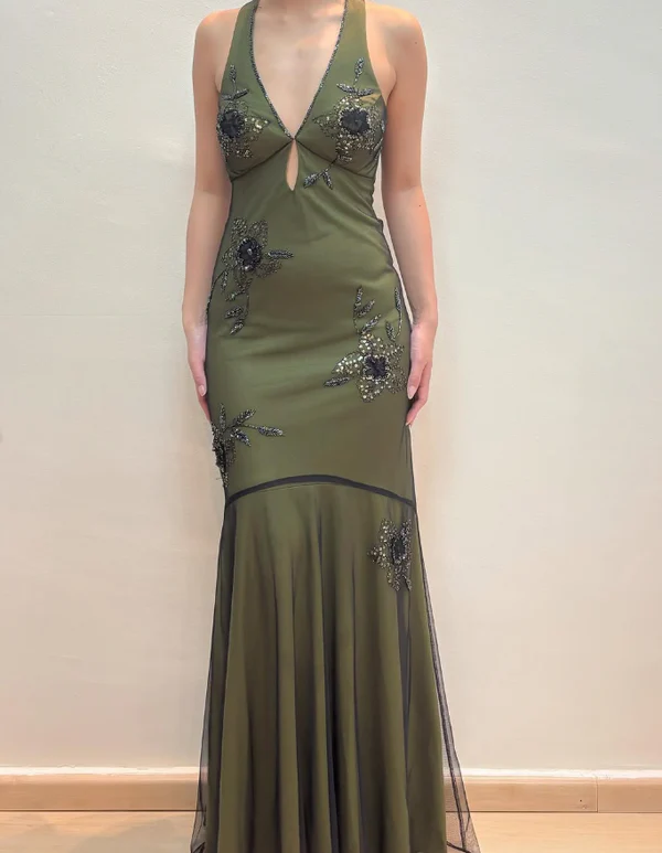 Vintage Green Deep V Neck Beaded Prom Evening Dress,Long Mermaid Party Gown cc2694