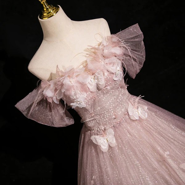 Pink Tulle Sequins Off the Shoulder Butterfly Flower Prom Dress Sweet Ball Gown cc2431