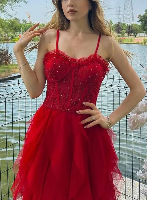 Charming Spaghetti Straps Red Ruffles Tulle Beaded Formal Prom Dress Long Evening Dress cc1989