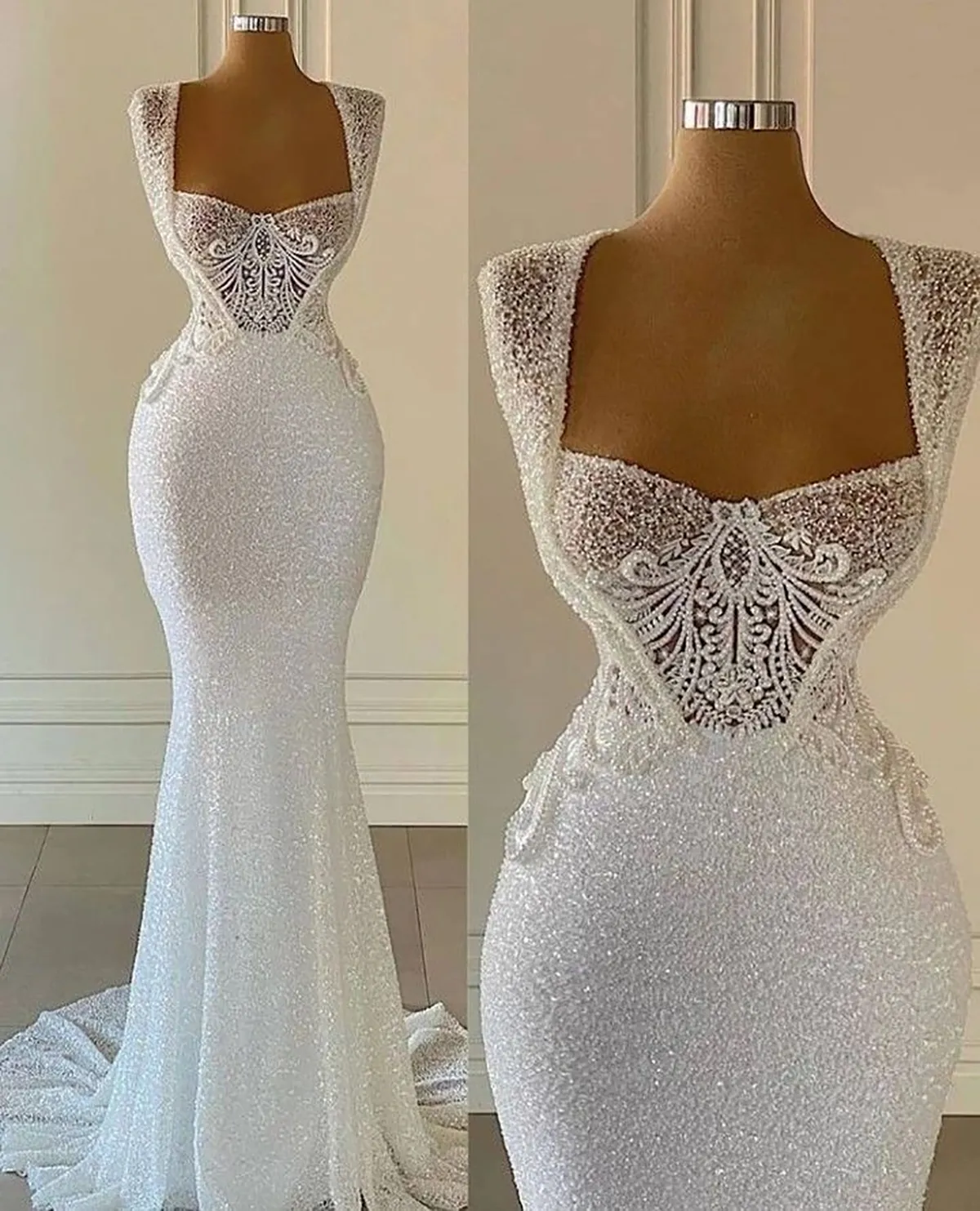 Luxury New Square Neck White Wedding Dress Women Mermaid Prom Dress Formal Gowns Bridal Gown c3436