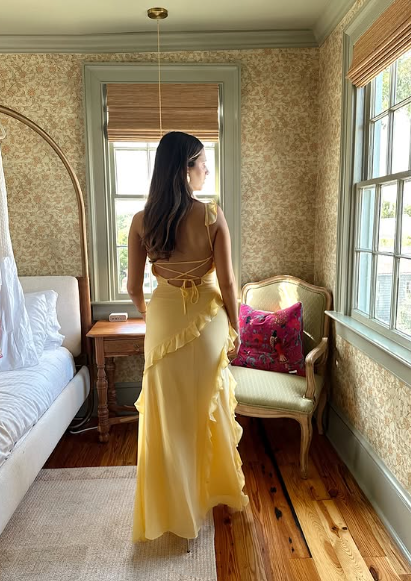 Elegant Yellow Spaghetti Straps Ruffle Slit Prom Dress,Long Party Evening Dress cc3001