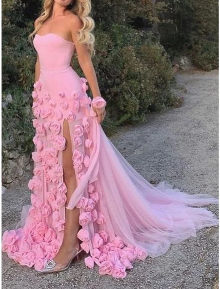 Beautiful Pink Strapless Tulle Rose Flowers Prom Dress Mermaid Slit Evening Dress Wedding Dress cc2084