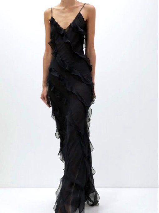Black Sexy Mermaid Ruffles Evening Dress Spaghetti Straps Prom Dress Party Dress cc1855