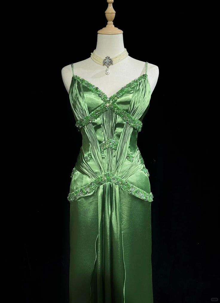 Vintage Green Satin Beaded Party Prom Dress,Spaghetti Strap Evening Dress cc2993