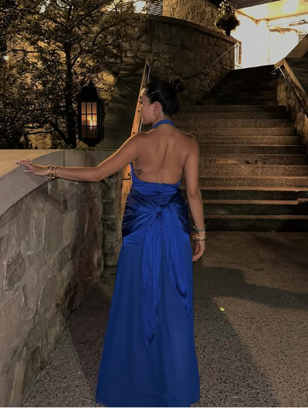 Sexy Royal Blue Halter Slit Satin Prom Dress Party Gown cc2335