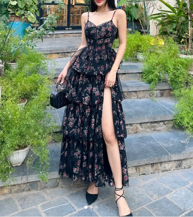 Beautiful Black Chiffon Print Floral Party Dress A Line Slit Layered Evening Dress cc1864