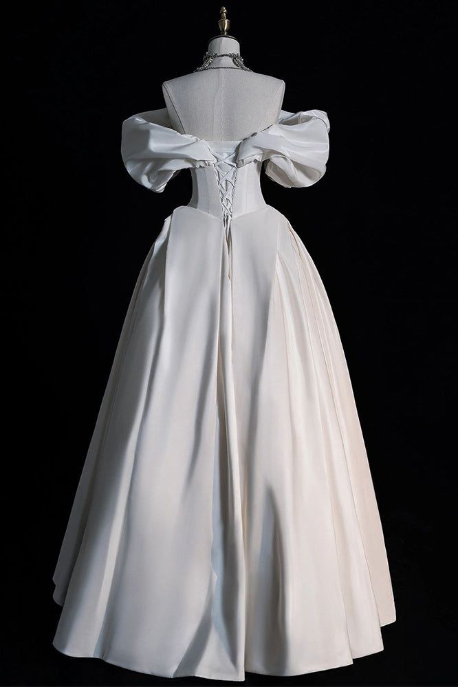 White Off the Shoulder Puffy Wedding Dress, Floor Length Satin Bridal Dresses cc1156