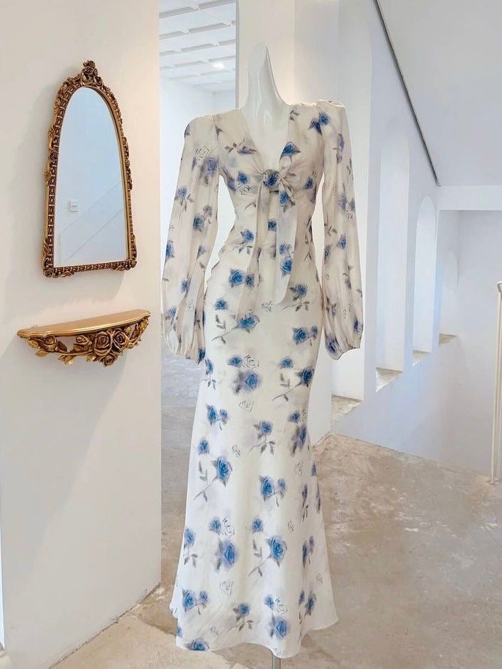 Classy Ice Blue Chiffon Rose Print Floral Prom Party Dress,Long Mermaid Evening Dress cc2847