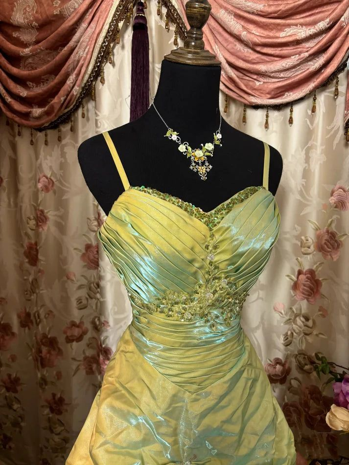 Vintage Green Satin Beaded Pleated A Line Prom Dress,Ball Gown cc2967