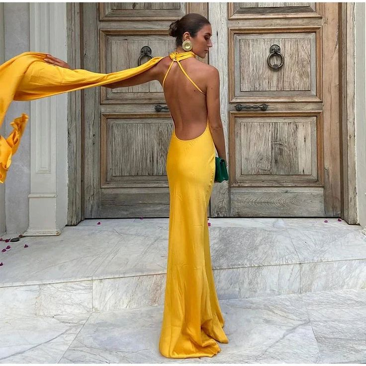 Sexy Halter Yellow Satin Backless Mermaid Evening Dress,Long Party Dress cc2900