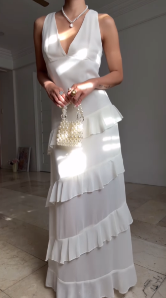 Classy White V Neck Ruffles Party Evening Dress,Formal Prom Dress cc2927