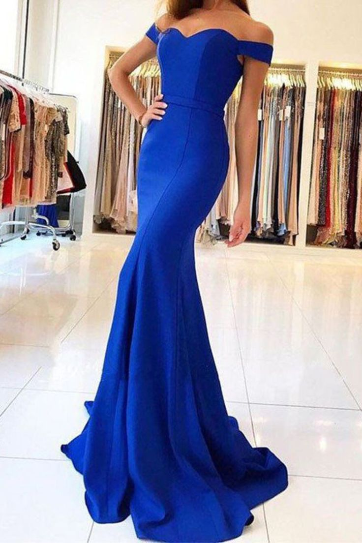 Charming Mermaid Off the Shoulder Royal Blue Satin Prom Dresses,Evening Dresses cc707
