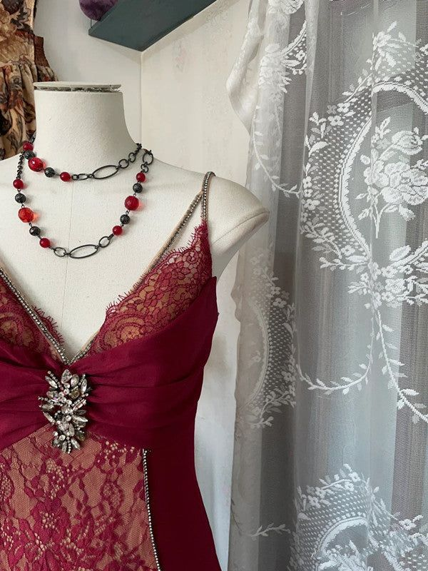 Retro Lace Burgundy Long Prom Dress Mermaid Evening Party Gown cc3017
