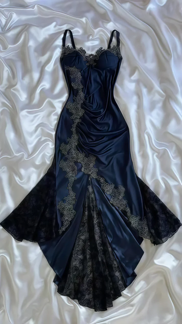 Vintage Navy Blue Satin Lace Appliques Mermaid Evening Dress,Long Party Prom Dress cc2936