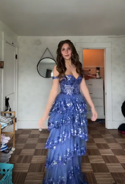 Pretty Blue Tulle Sequins Layered Prom Dress Long Slit Party Evening Gown cc2452