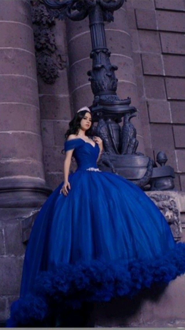Off Shoulder Ball Gown Women Royal Blue Ruffle Princess Sweet 16 Dress cc72