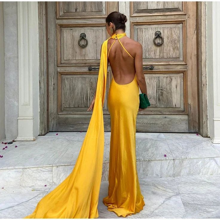 Sexy Halter Yellow Satin Backless Mermaid Evening Dress,Long Party Dress cc2900