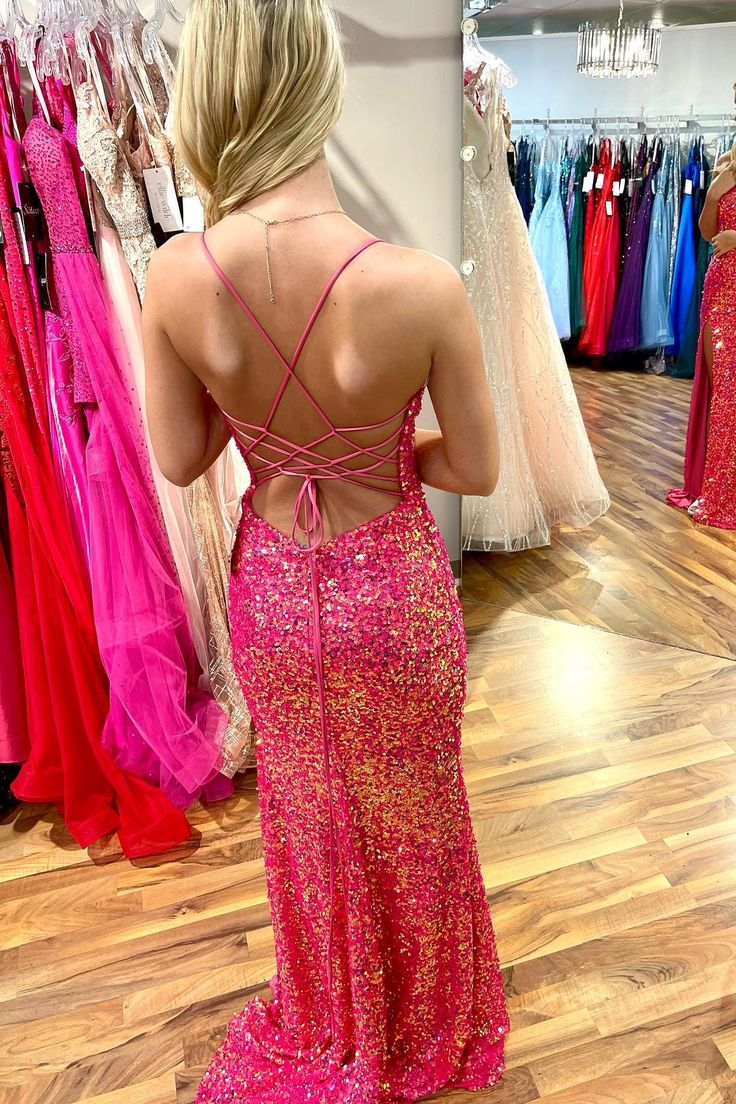 Hot Pink Mermaid Lace-Up Back Scoop Neck Long Prom Dress with Slit cc1003