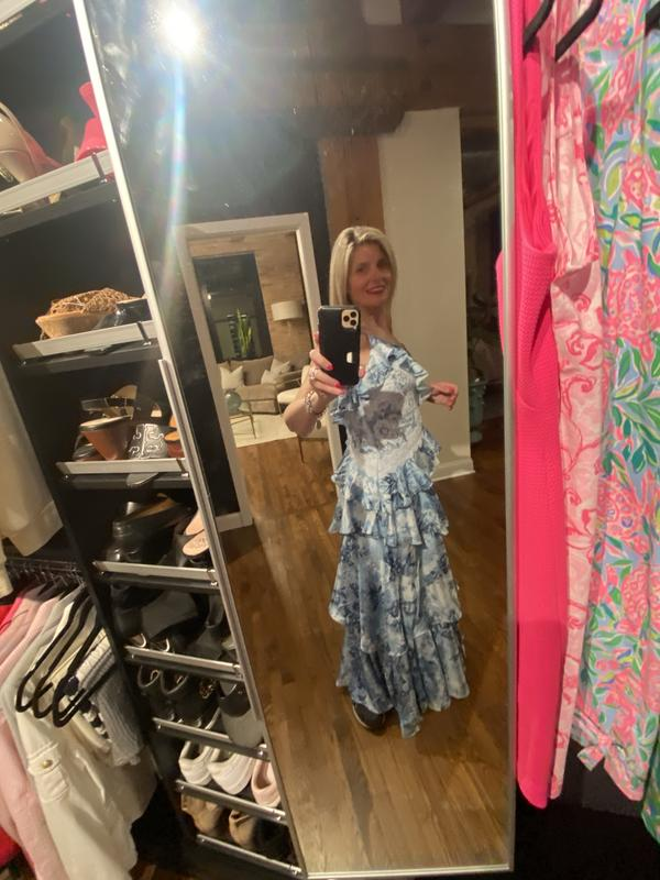 Vintage Blue Satin Print Tiered Ruffles A Line party Dress,Spaghetti Straps Prom Evening Dress cc2894