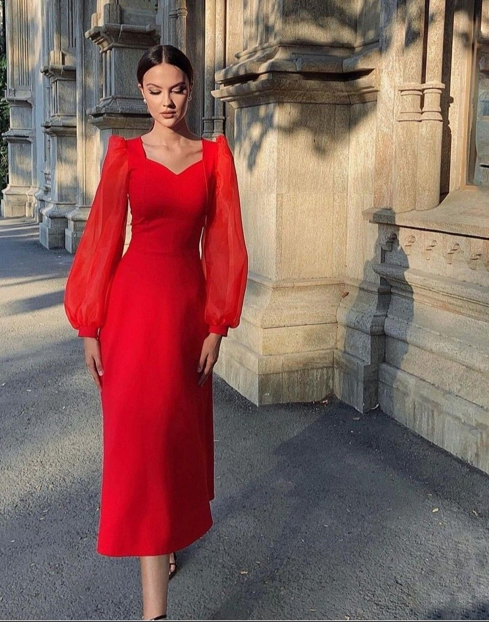 Women's Red Midi-length Prom Dress with Lantern Sleeve cc564