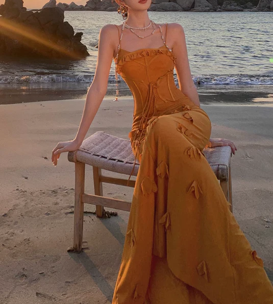 Unique Orange Mermaid Evening Gown Spaghetti Strap 3D Flower Long Prom Dress cc2434