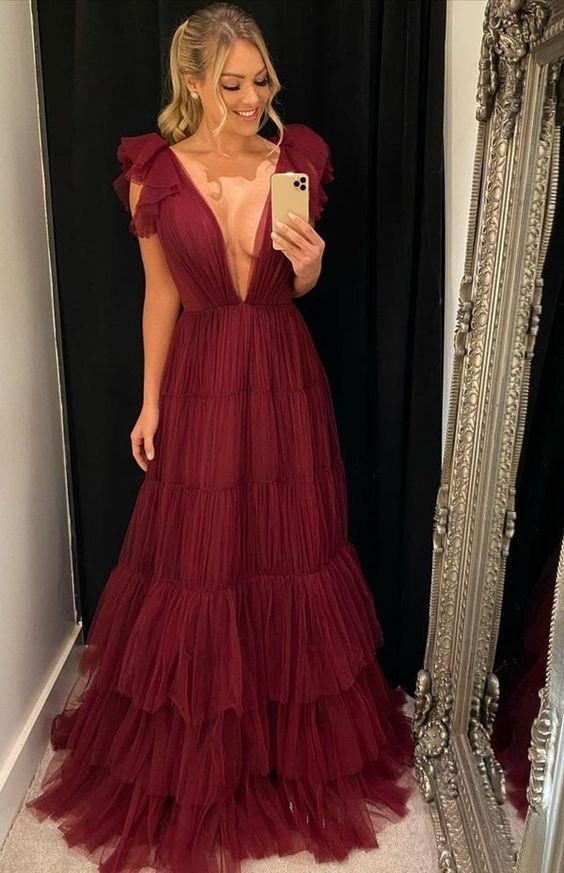 Burgundy Deep V-Neck Tulle A Line Prom Dresses cc836