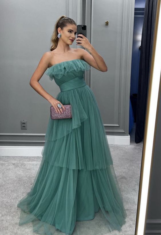 Elegant A-line Tulle Prom Dress,Strapless Evening Dress cc789