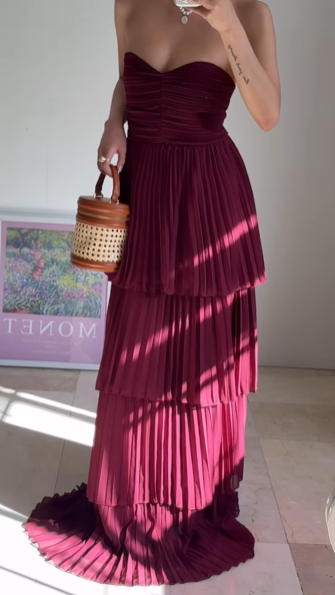 Vintage Burgundy Strapless Chiffon Layered A Line Prom Evening Dress,Long Party Dress cc2930