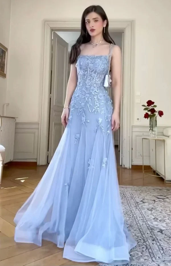 Charming Blue Mermaid Tulle Appliques Evening Dress,Long Prom Party Dress cc2585