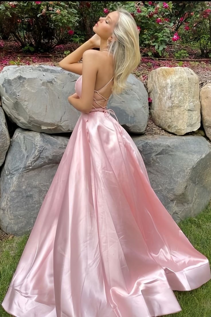 Gorgeous Pink Satin Slit Backless Evening Dress,A Line Prom Party Dress cc3003