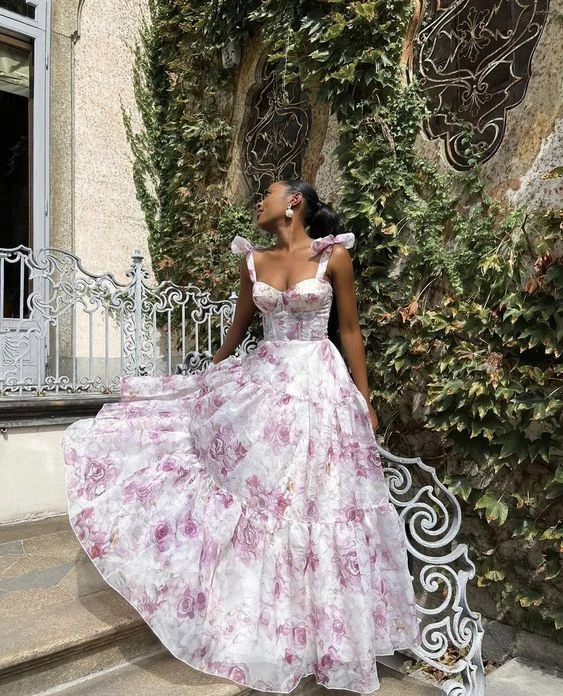 Classy Rose Print Floral Chiffon A Line Prom Evening Dress,Long Party Gown cc2951