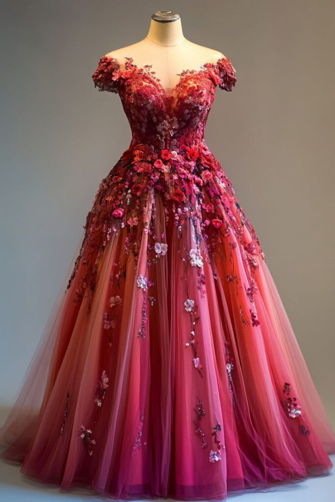 Gorgeous Pink Tulle Appliques Ball Gown,Off The Shoulder A Line Party Evening Dress cc2833