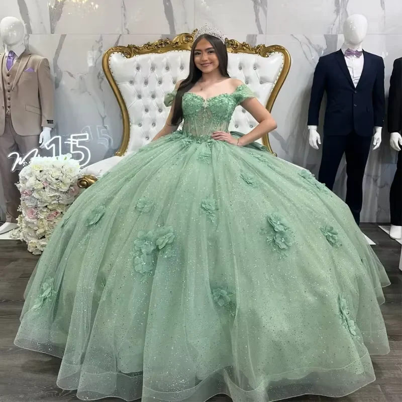 Beautiful Tulle Sequins Off The Shoulder Quinceanera Dress,Green Ball Gown With Bow cc2625