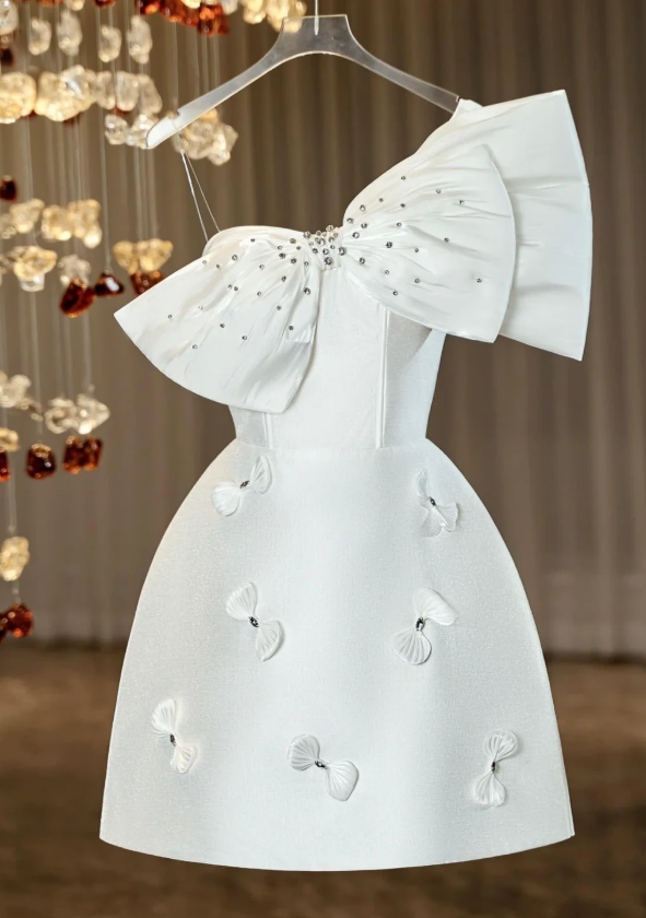 White Satin A Line Bow Homecoming Dress Classy Birthday Dress cc3163