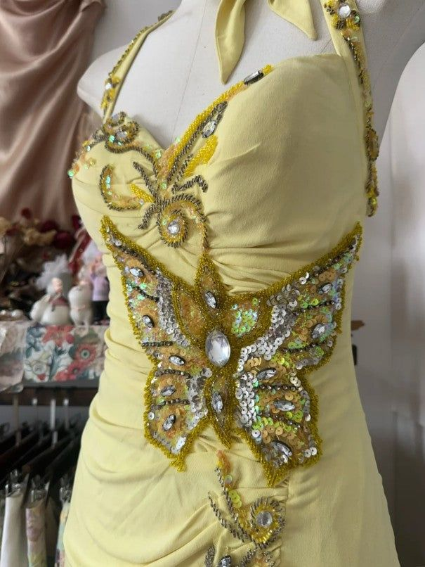 Elegant Yellow Halter Satin Beaded Sequins Evening Dress,Long Mermaid Party Prom Dress cc2999