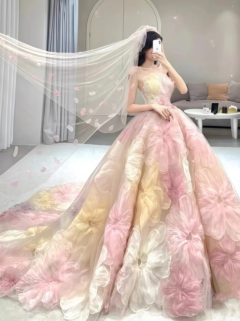 Gorgeous Strapless Tulle Flowers A Line Ball Gown Fairy Wedding Dress cc2725