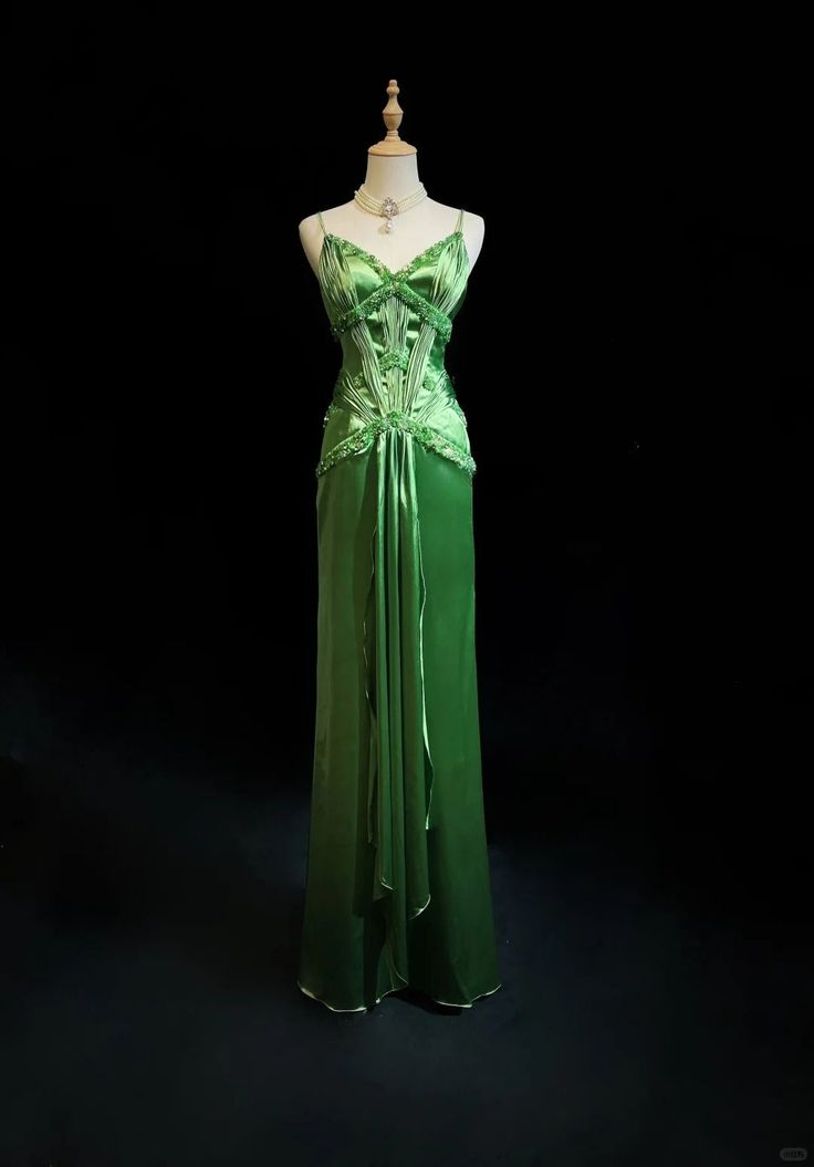 Vintage Green Satin Beaded Party Prom Dress,Spaghetti Strap Evening Dress cc2993