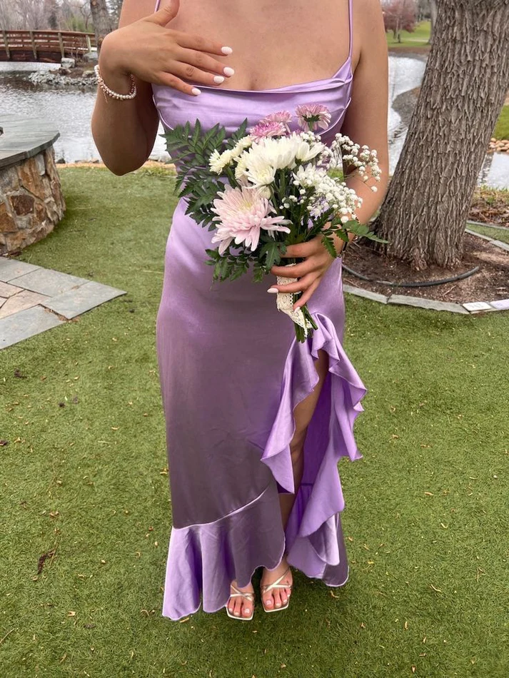 Pretty Spaghetti Straps Purple Ruffles Prom Dress Slit Party Evening Dress cc1944