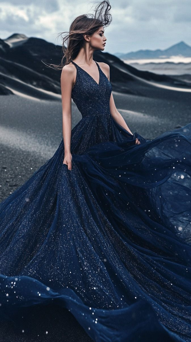 Sparkly Tulle Sequins A Line Prom Evening Dress,Navy Blue Party Dress Wedding Dress cc2831