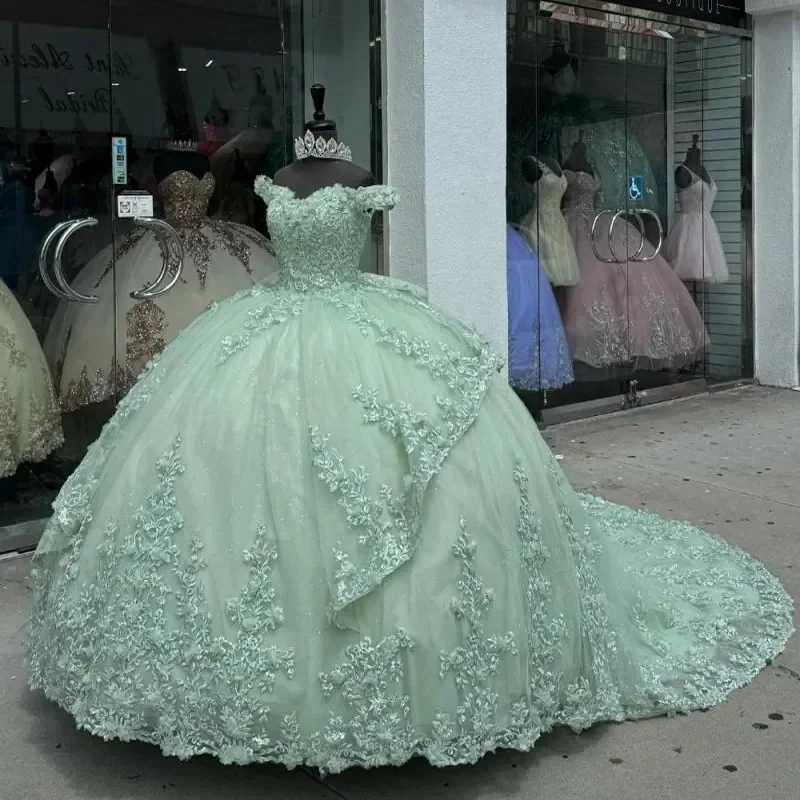 Charming Green Tulle Lace Appliques Ball Gown,off Shoulder Quinceanera Dress Party Birthday Dress cc2605