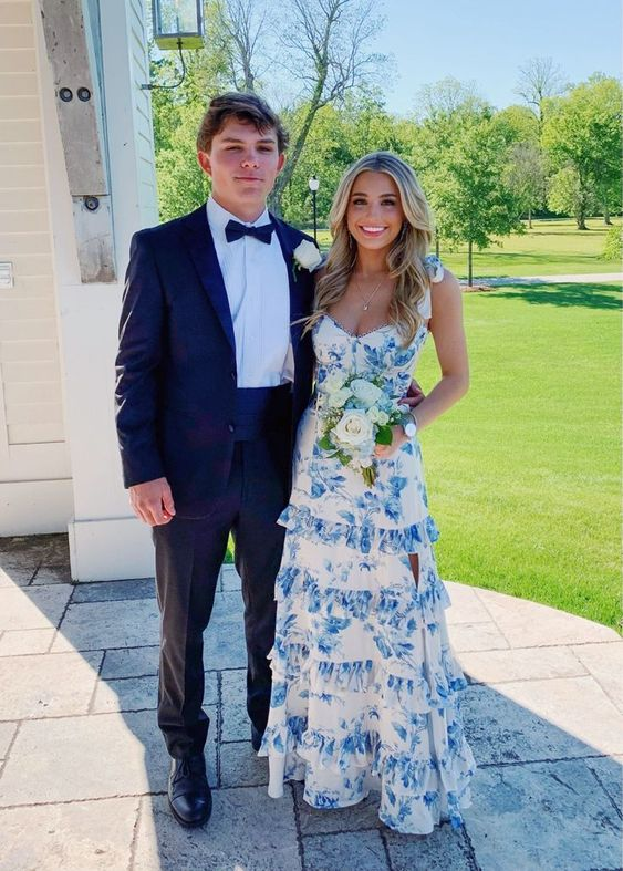 Blue Print Sexy Prom Dress, Long Evening Dress Prom Dresses cc1224