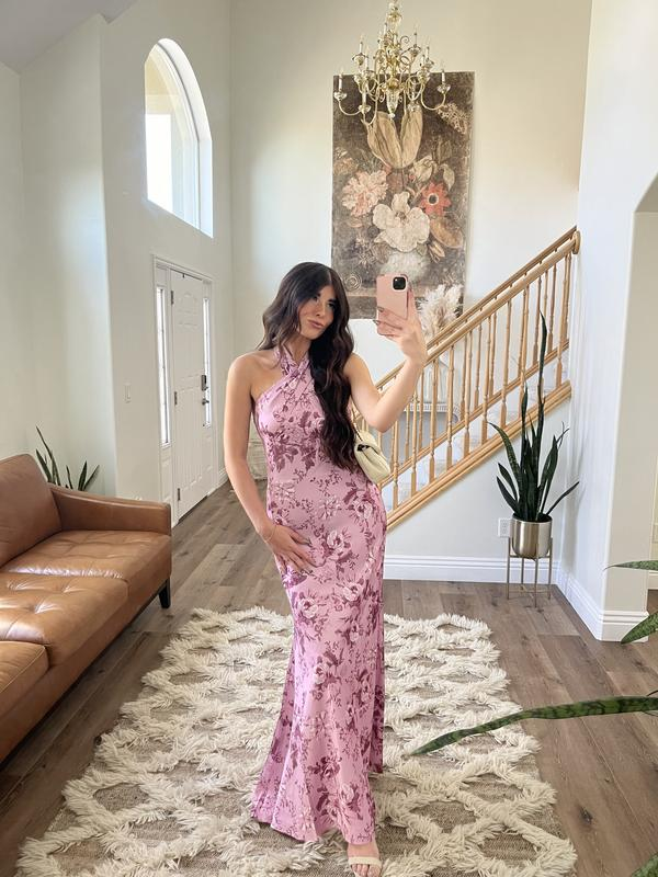 Elegant Pink Halter Satin Print Floral Long Evening Dress Party Gown cc2897