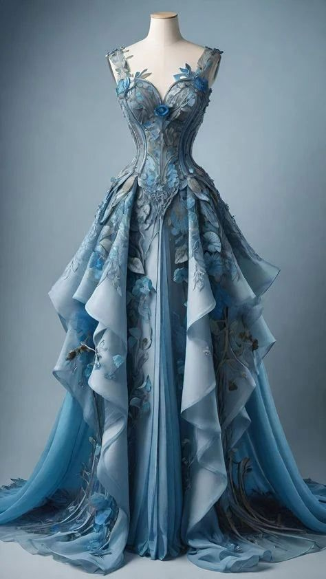 Vintage Blue Chiffon Appliques Prom Dress,Long A Line Party Evening Dress cc2835